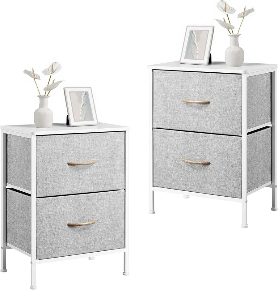 Set of 2 Light Grey Fabric Bedside Tables with Drawers & Metal Frame 45x30x61cm
