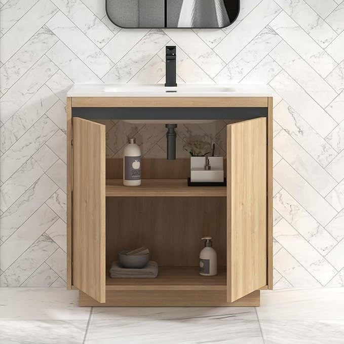 800mm Oak Floor Standing Vanity Unit with Basin Sink 2 Door Bathroom Cabinet