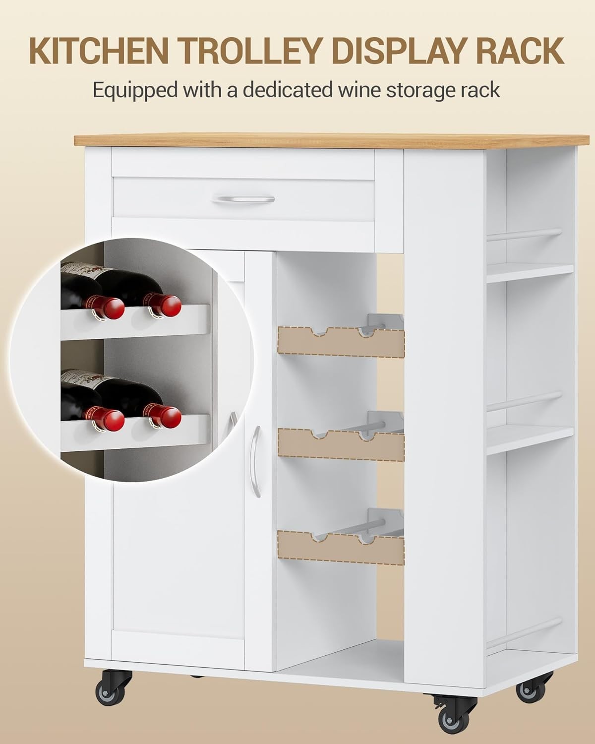 White Rolling Kitchen Island Cart Wine Rack Drawer Shelves
