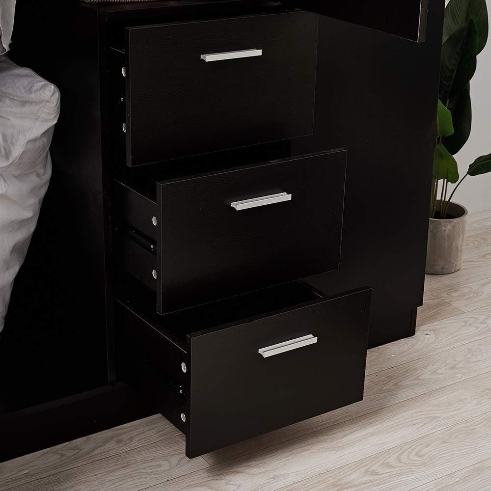 Black 3 Door Wardrobe with 3 Drawers Solid Pine Wood Bedroom Storage Unit