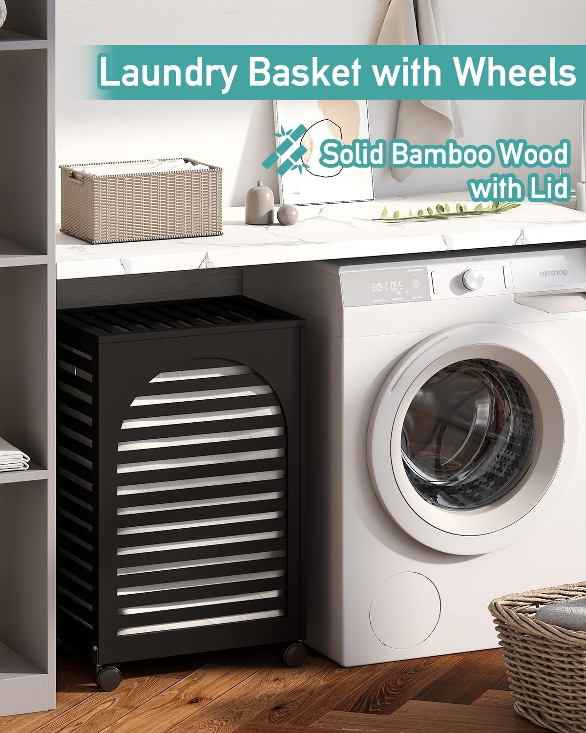 85L Black Bamboo Laundry Hamper on Wheels 2 Section Basket with Lid & Liner
