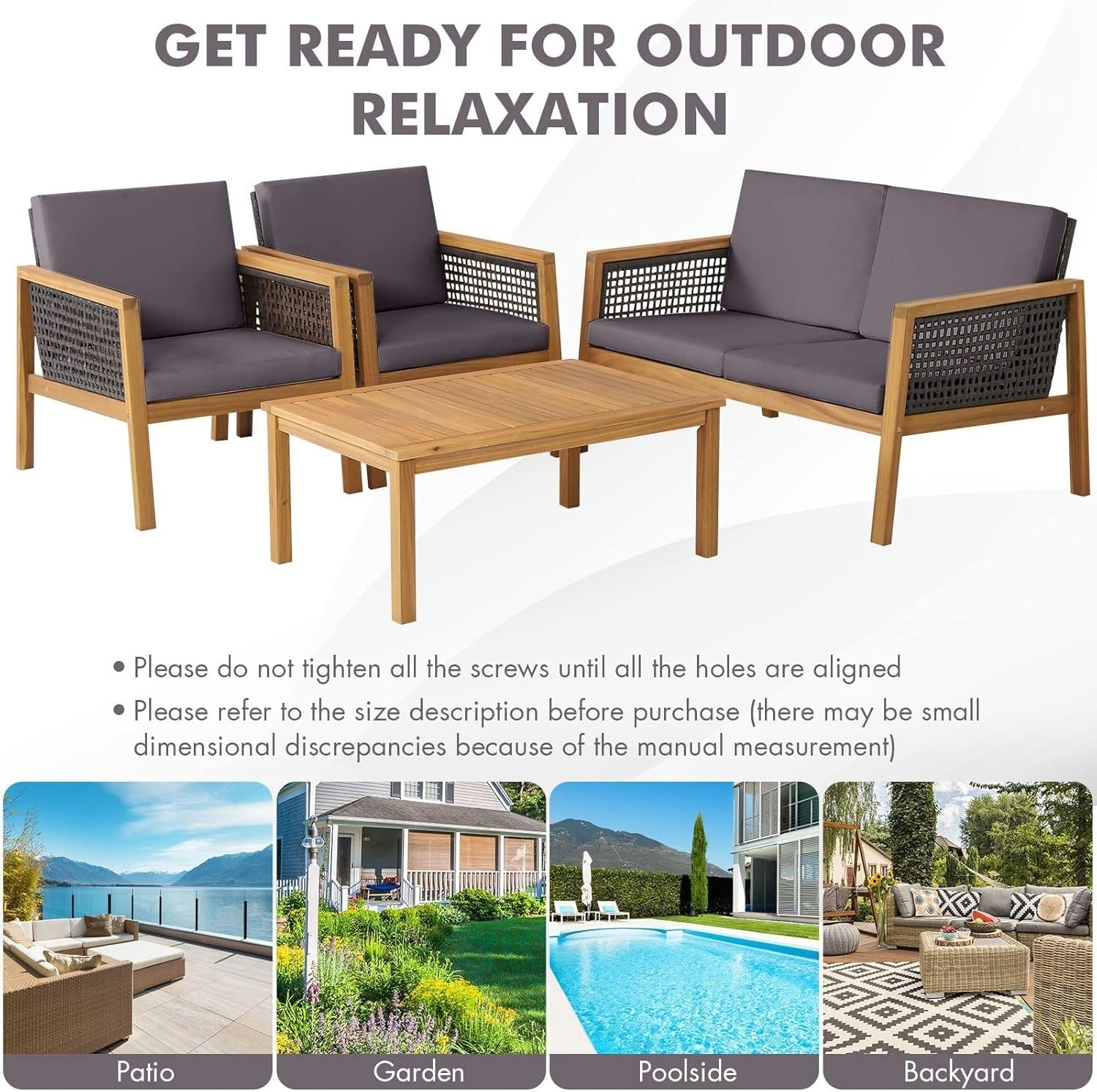 Outdoor 4PC Rattan Sofa Set Wooden Garden Lounge Chairs Coffee Table