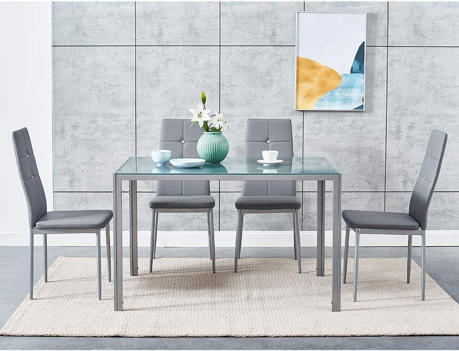 Modern Grey Glass Dining Table with 4 Faux Leather Chairs – 120CM, Durable