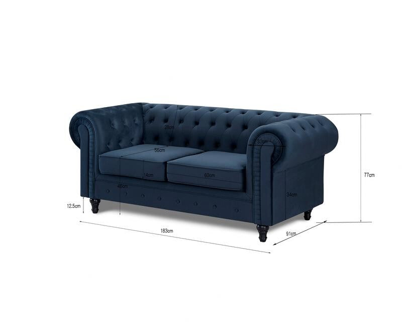 Midnight Blue Velvet Chesterfield Sofa 2 Seater Tufted Scroll Arms Couch