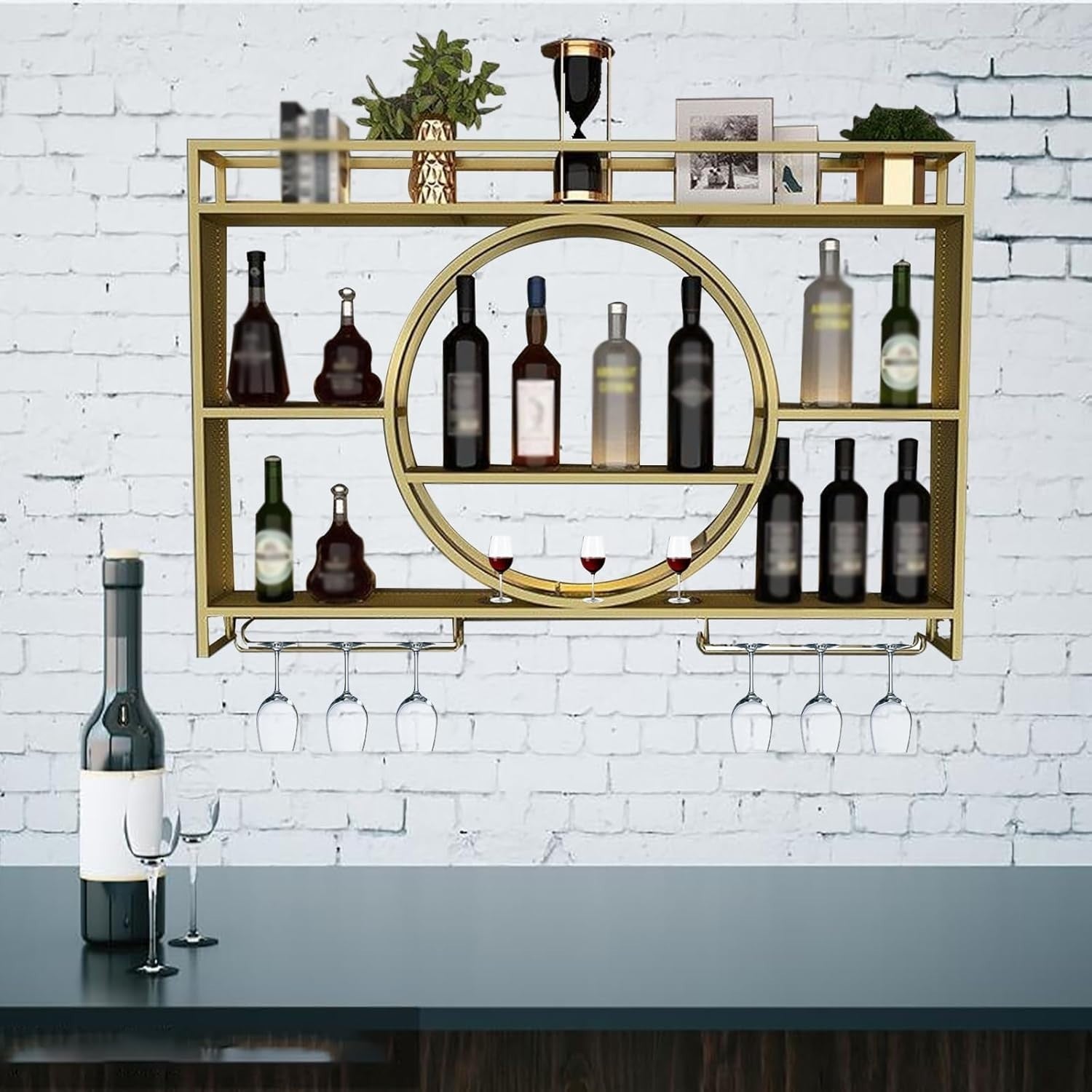 Wall Mounted Wine Rack Gold 100cm Bar Shelf with Glass Holders & Bottle Storage