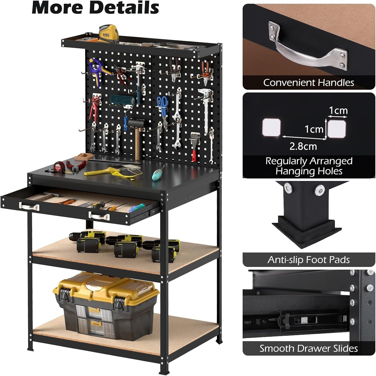 Heavy Duty Garage Workbench with Pegboards Drawer Shelves 290kg Tool Station