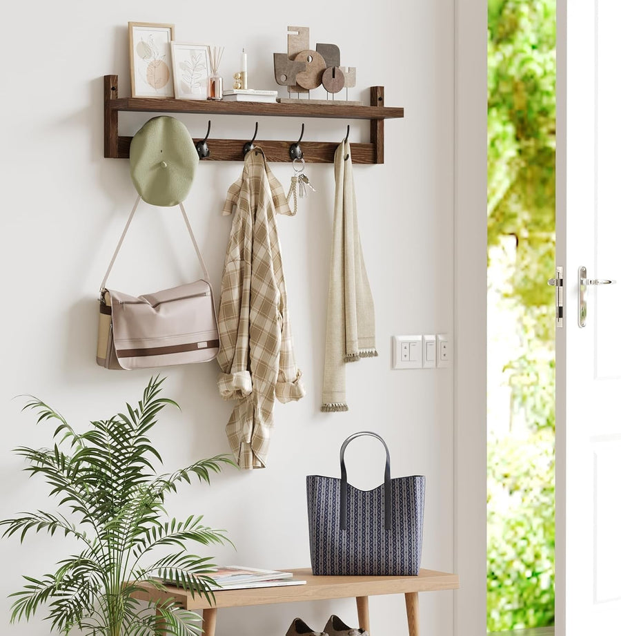Wooden Wall Coat Rack with Shelf 73.5cm | 5 Hooks for Coats Hats Bags Keys