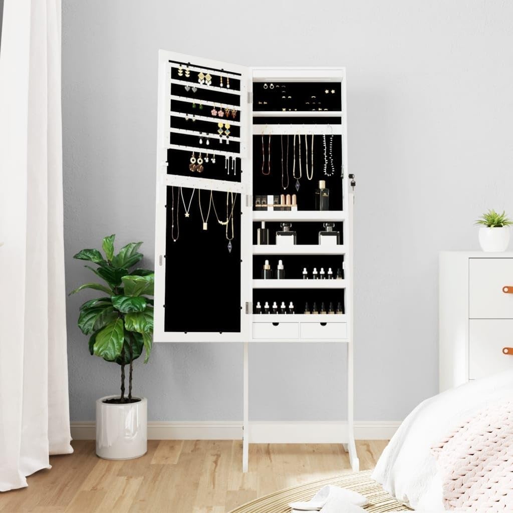 LED Standing Mirror Jewelry Cabinet Lockable Storage Armoire White