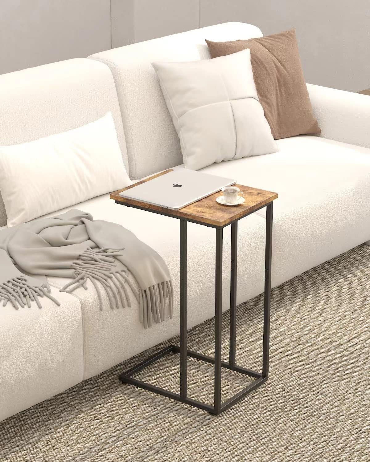 Slim Rustic Brown C Shaped End Table Sofa Couch Bed TV Tray Laptop Stand