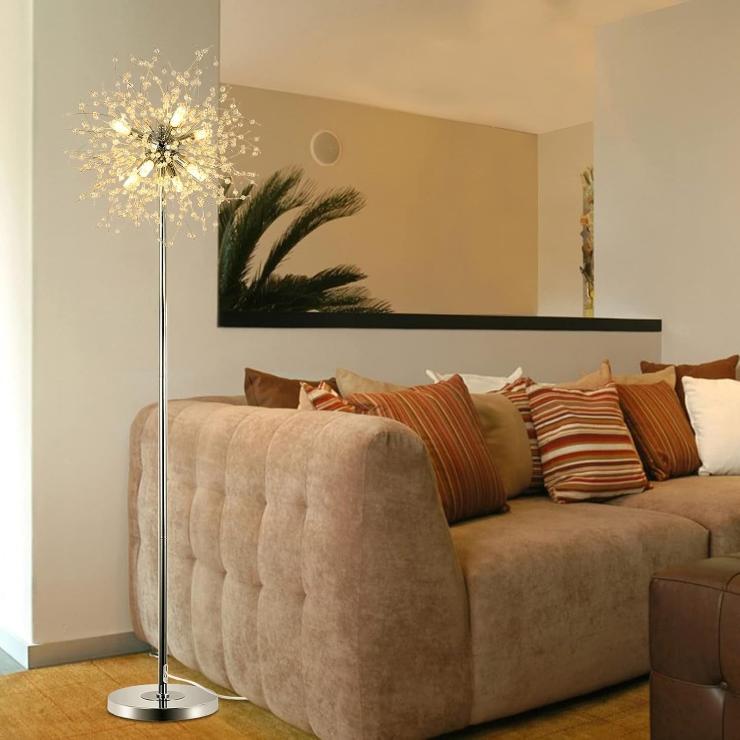 Modern Crystal Floor Lamp Chrome, 8-Light Firework Design, 170cm Tall