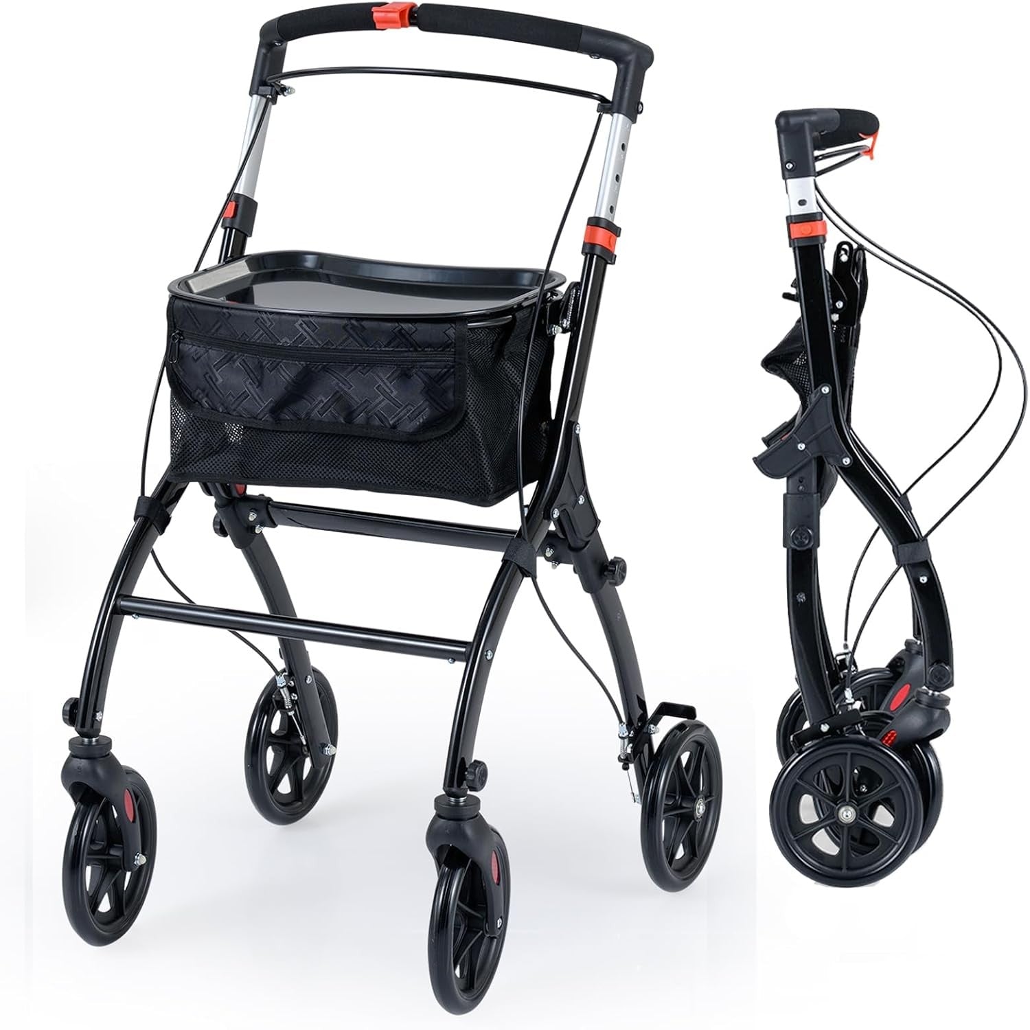 4 Wheel Rollator Walker Lightweight Folding Walking Aid Brakes Tray