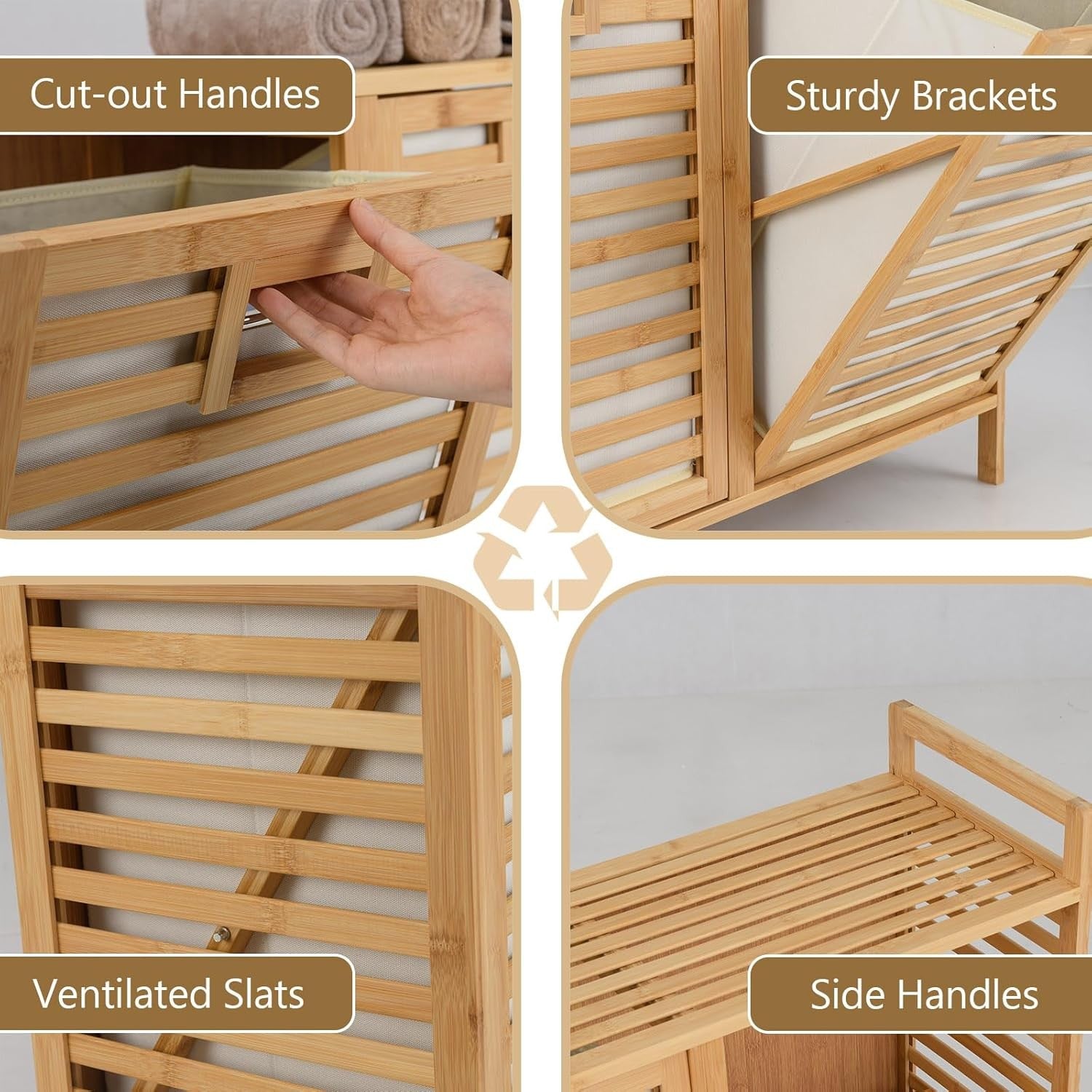 75L Bamboo Double Tilt-Out Laundry Hamper With Shelf Removable Bags Unit