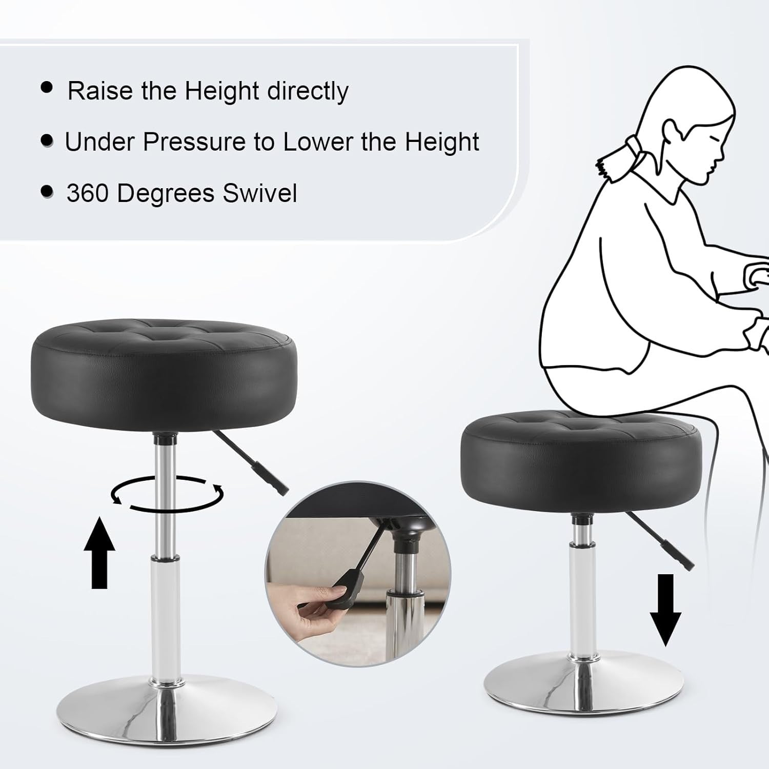 Black PU Leather Vanity Chair – Adjustable Round Swivel Makeup Stool