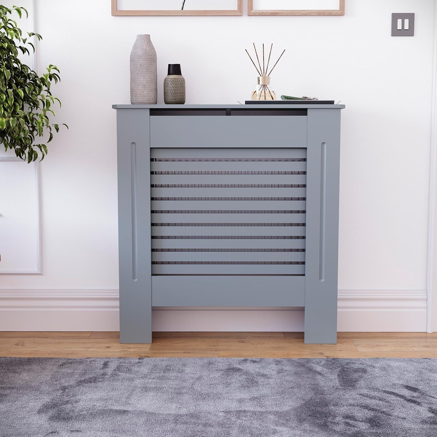 Small Grey Radiator Cover 68x80x16cm Modern MDF Slatted Cabinet for Home Safety