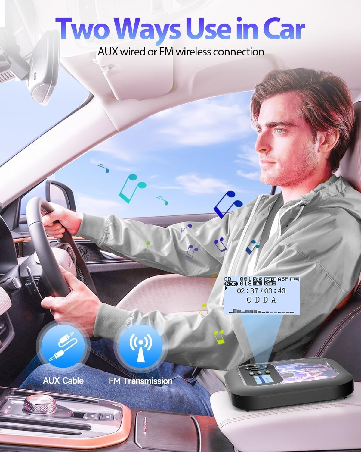 Portable CD Player Bluetooth FM Car Radio TF Card AUX Rechargeable