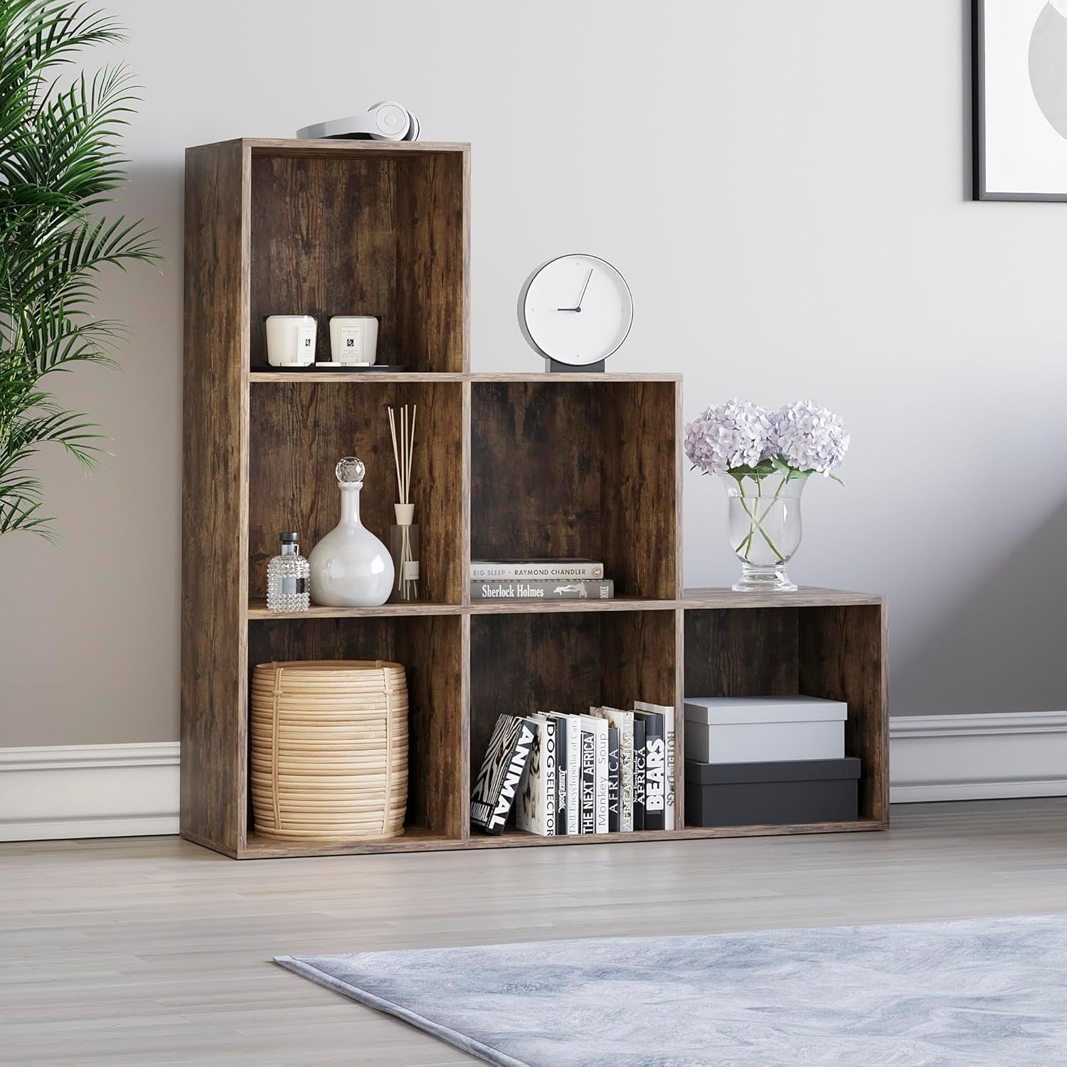 6 Cube Dark Wood Staircase Storage Shelf Modern Durable Organizer