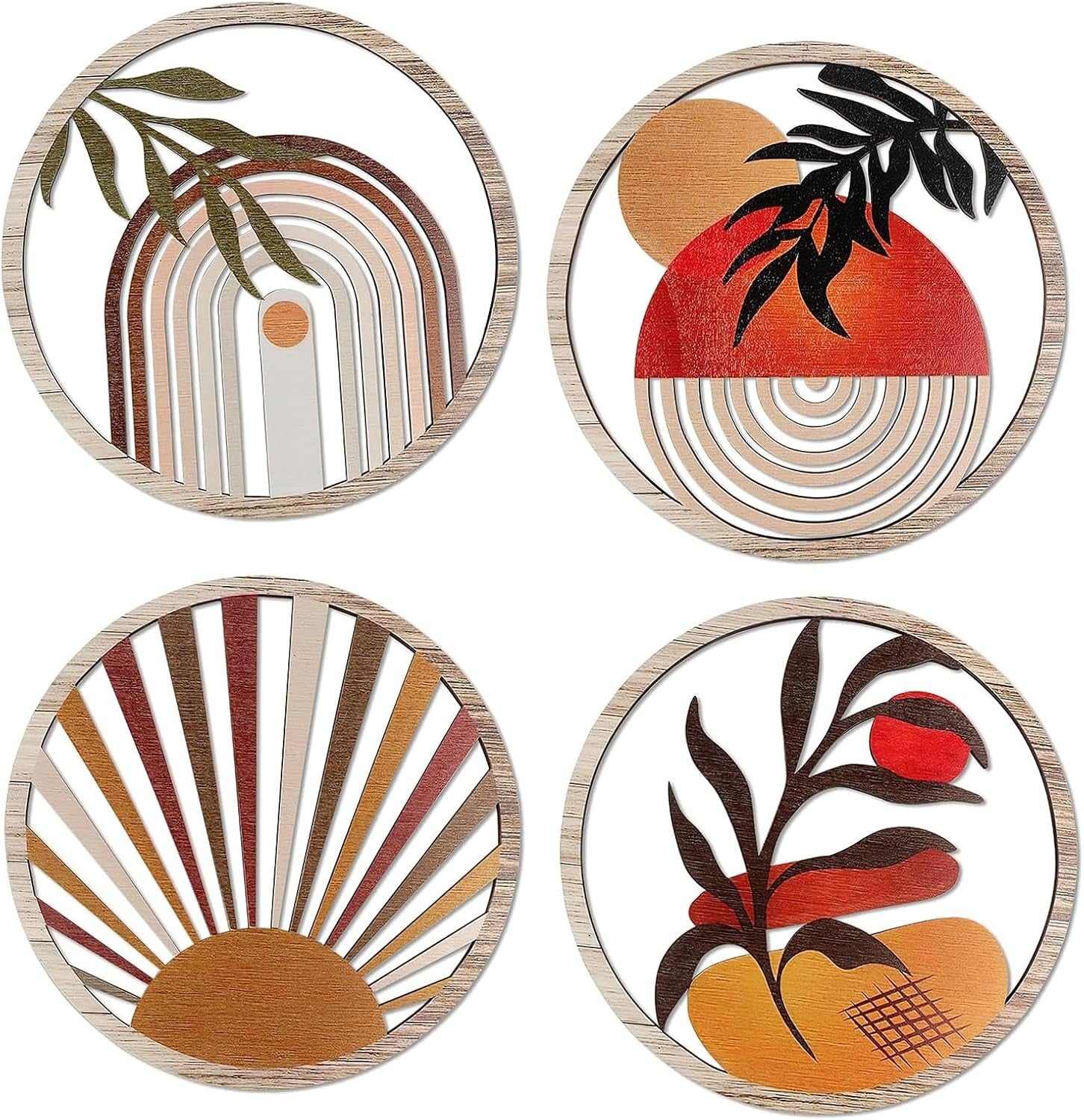 4pcs Boho Wooden Wall Art Round Hollow Decor 20cm