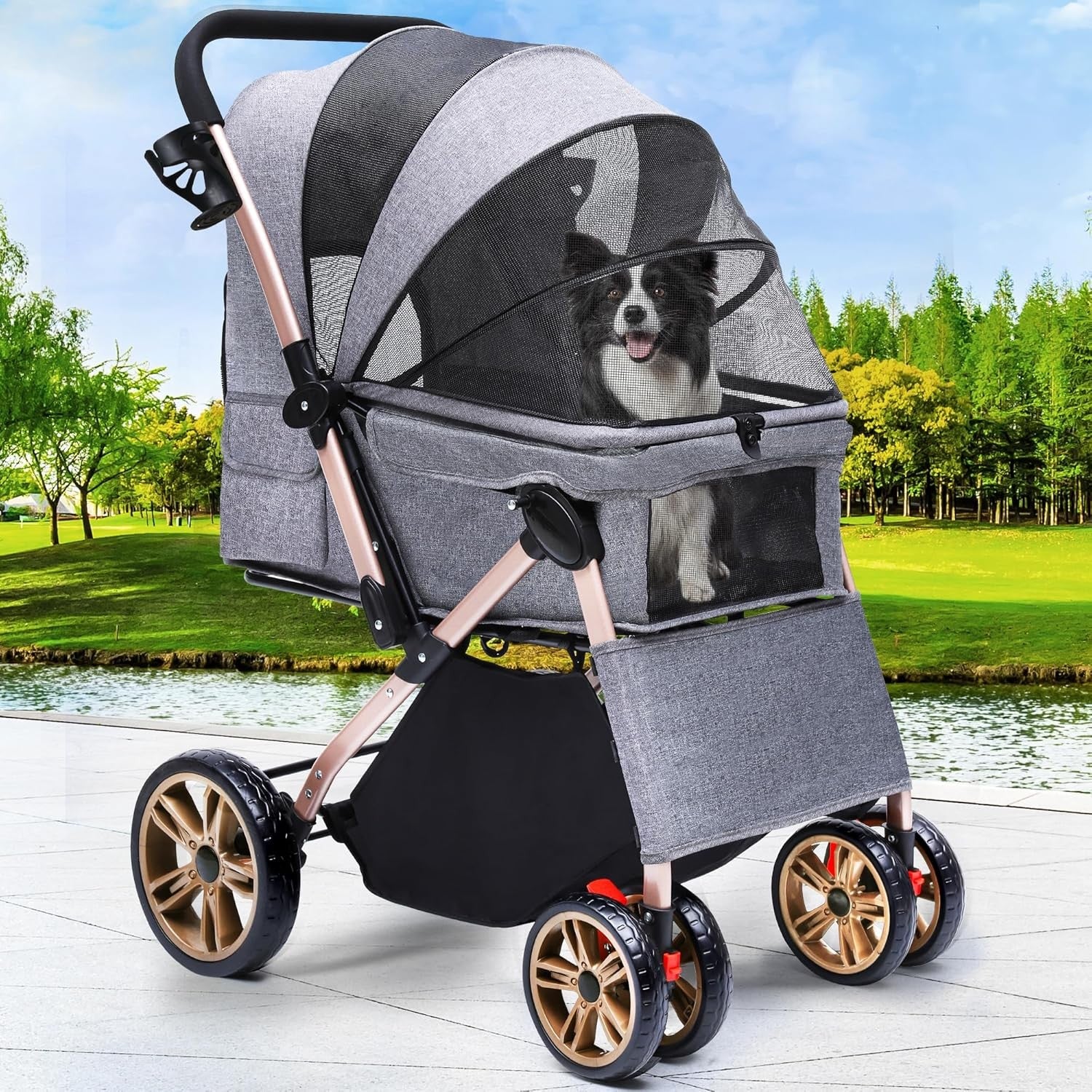 Dog Stroller Reversible Handle Foldable Pet Pushchair 4 Wheel Travel