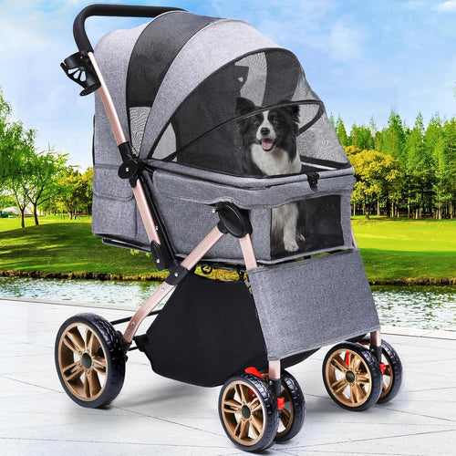 Dog Stroller Reversible Handle Foldable Pet Pushchair 4 Wheel Travel