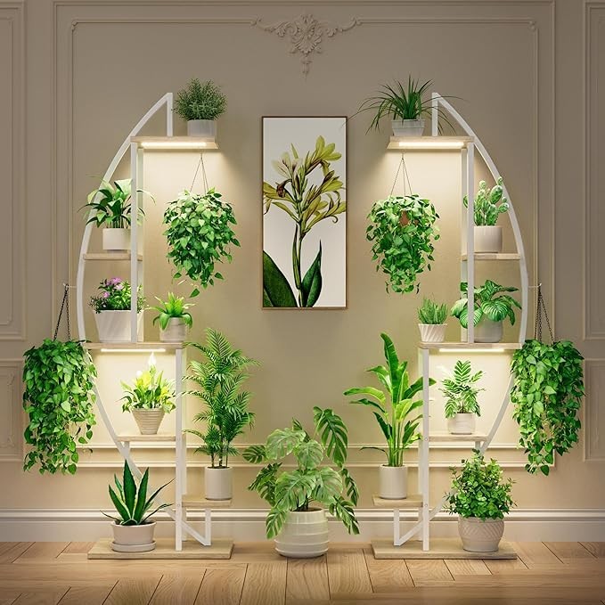 6 Tier Half Moon Metal Plant Stand with Grow Lights Indoor Outdoor Shelf White