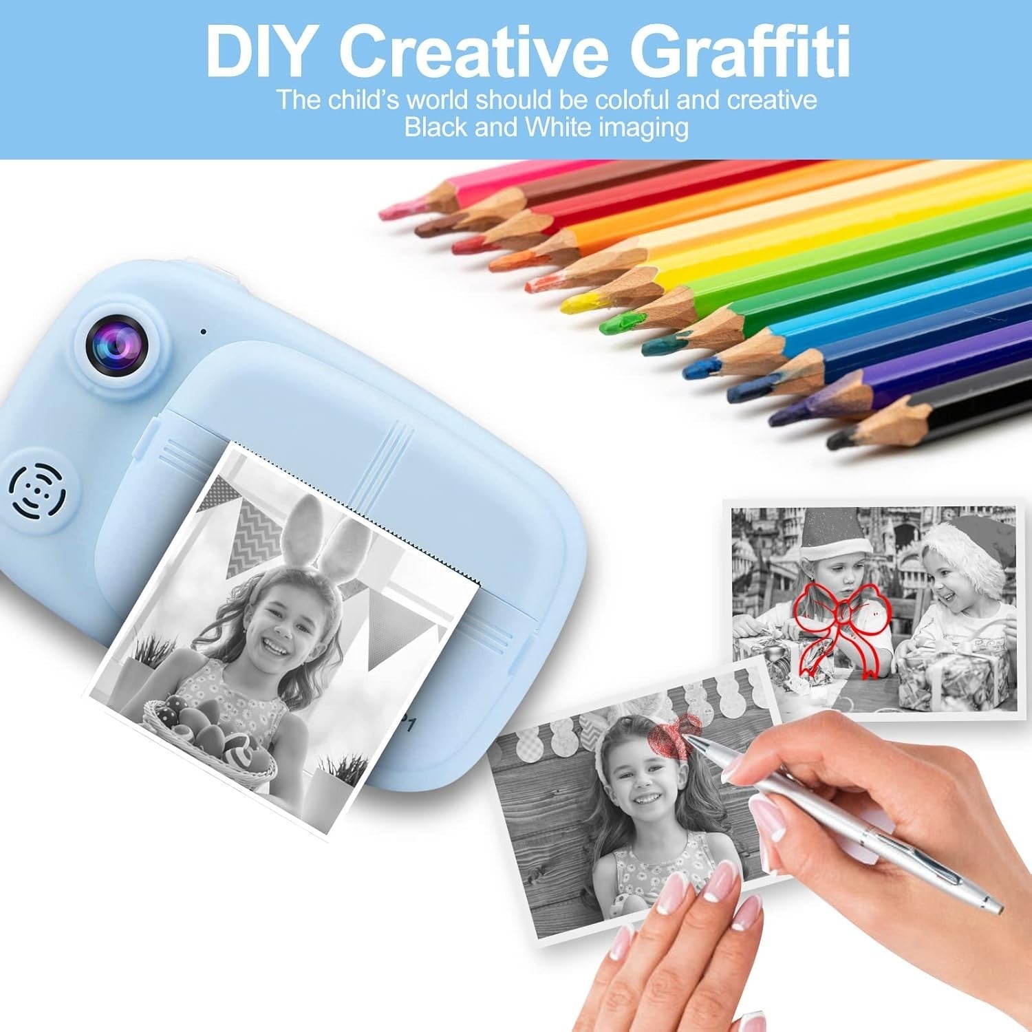 Kids Instant Print Camera 12MP 1080P HD 32GB Card 4 Paper Rolls