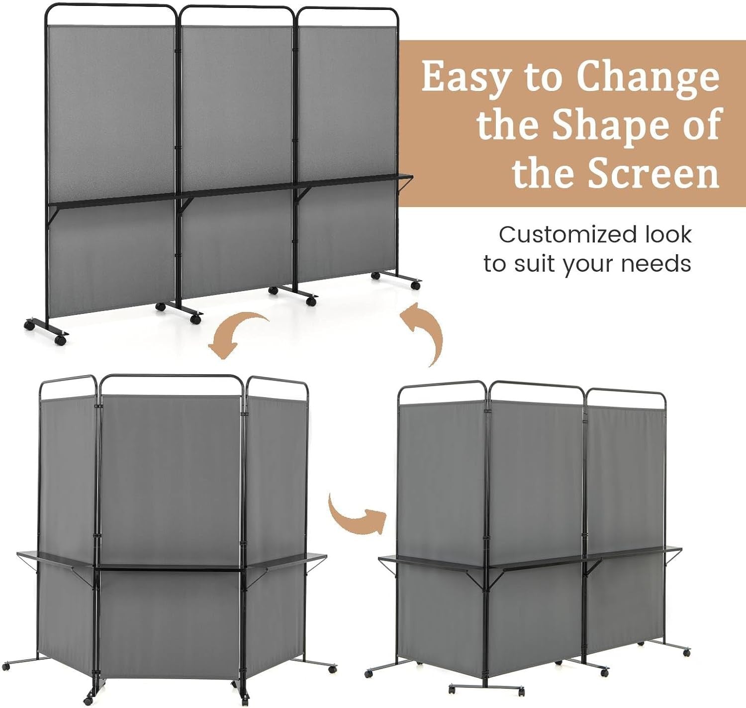 3 Panel Folding Room Divider with Shelves & Wheels 188cm Tall Privacy Screen
