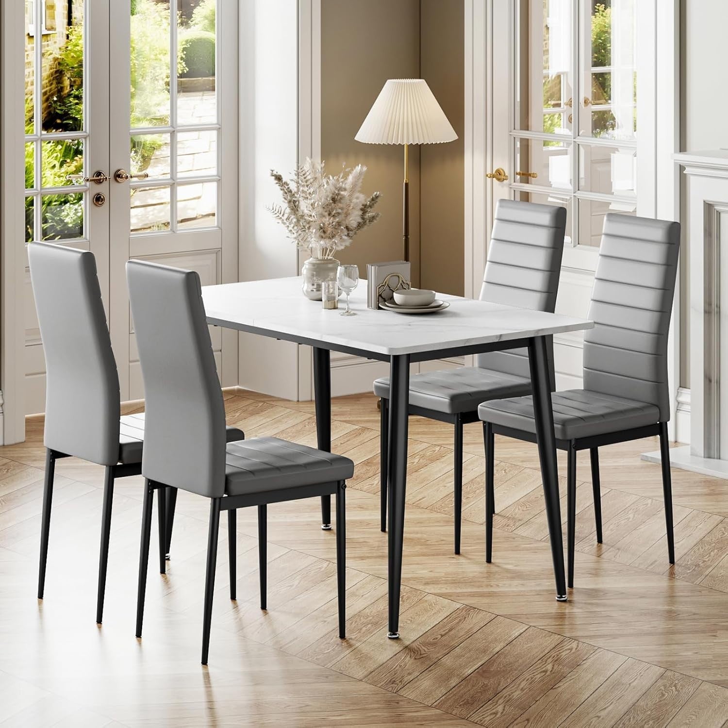 120cm Marble Dining Table & 4 Grey Chairs Faux Leather Modern Set