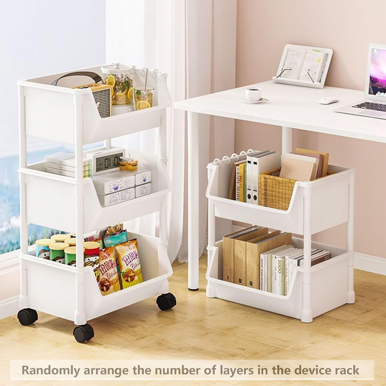 5 Tier Rolling Storage Trolley Slim Utility Cart Shelving Organizer Beige