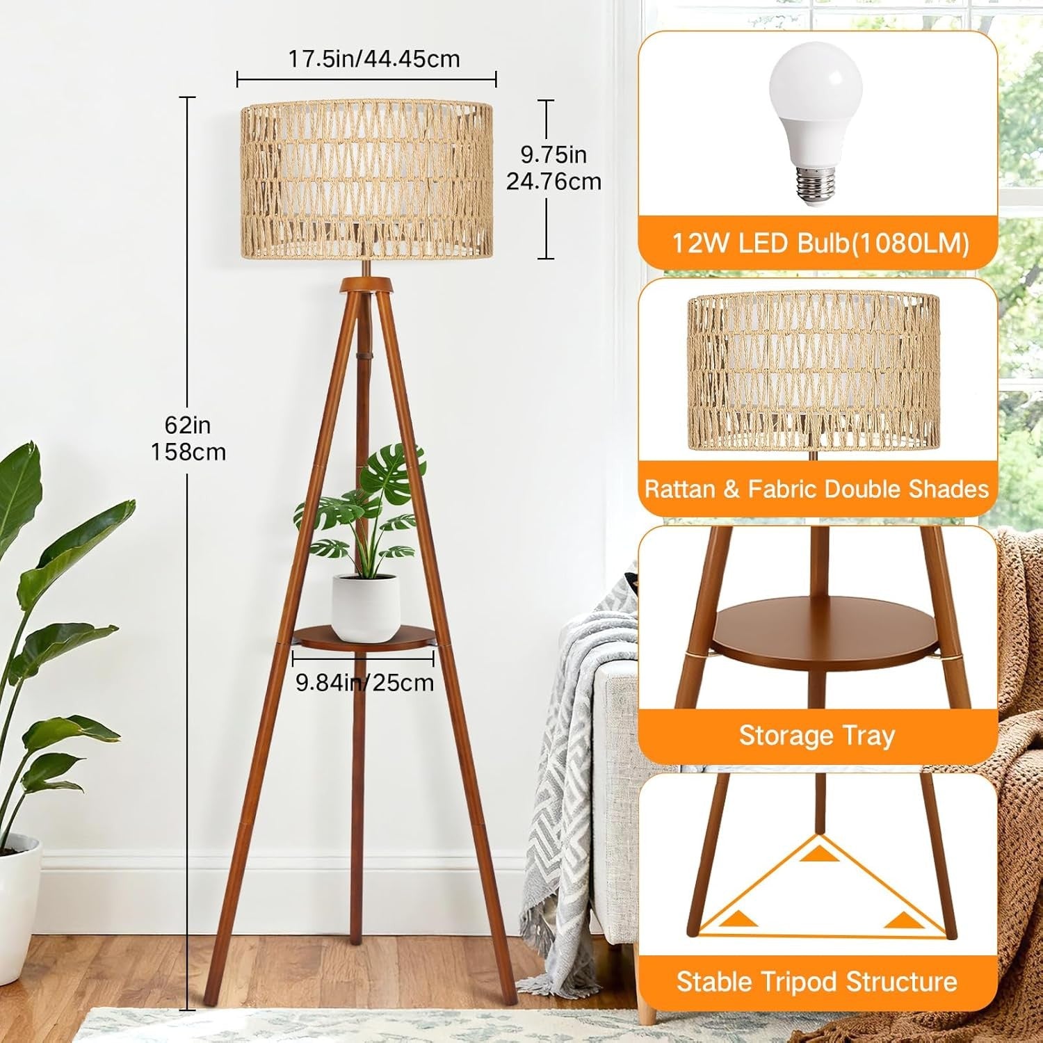 Wooden Tripod Floor Lamp Rattan Double Shade Remote Dimmable Boho