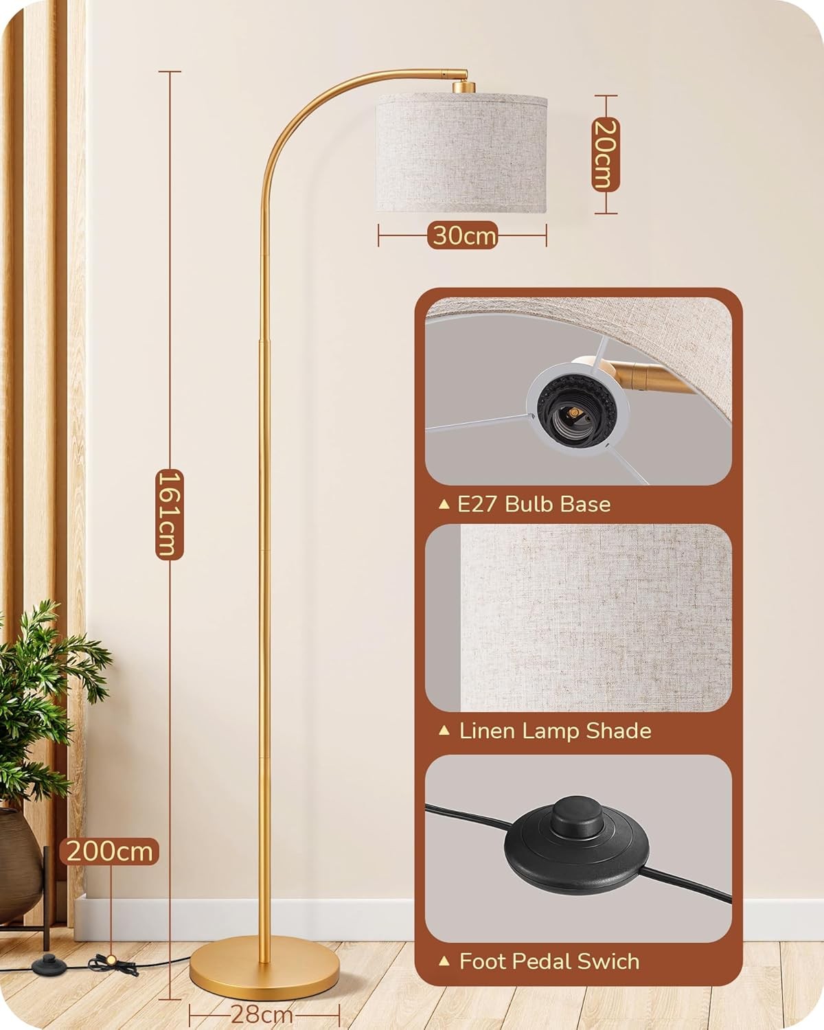 Modern Arc Floor Lamp Adjustable Linen Shade Gold Standing Light E27