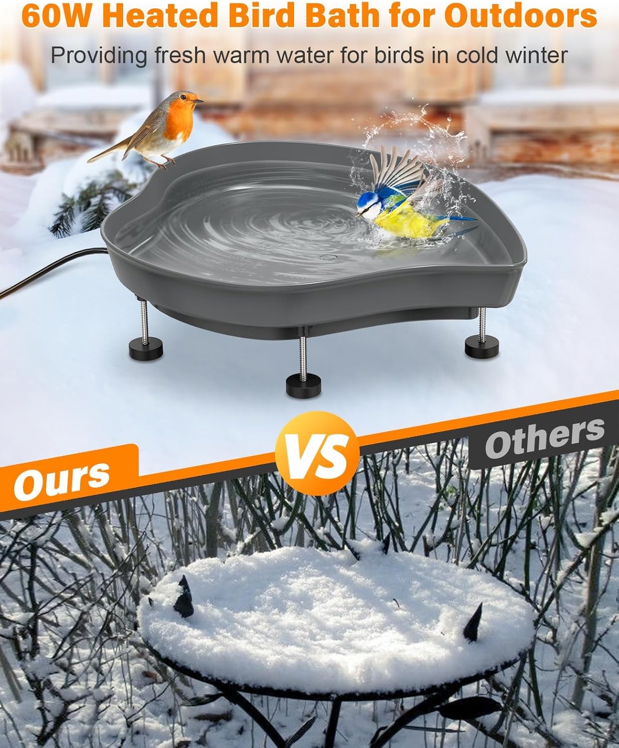 60W Heated Bird Bath Outdoor Winter Feeder Thermostat Anti-Freeze
