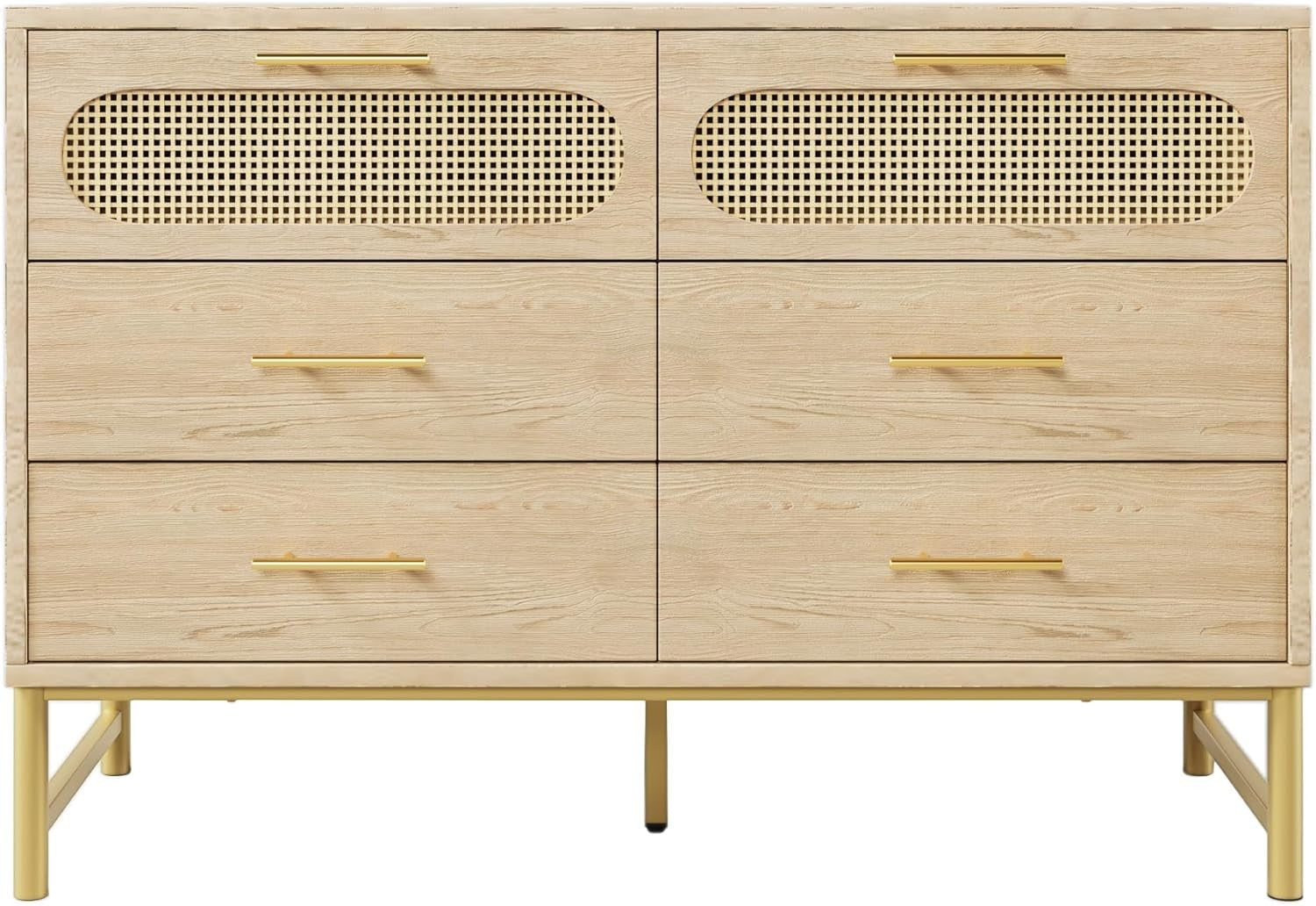 120cm Rattan Oak Sideboard Cabinet 6 Drawer Storage Unit for Hallway