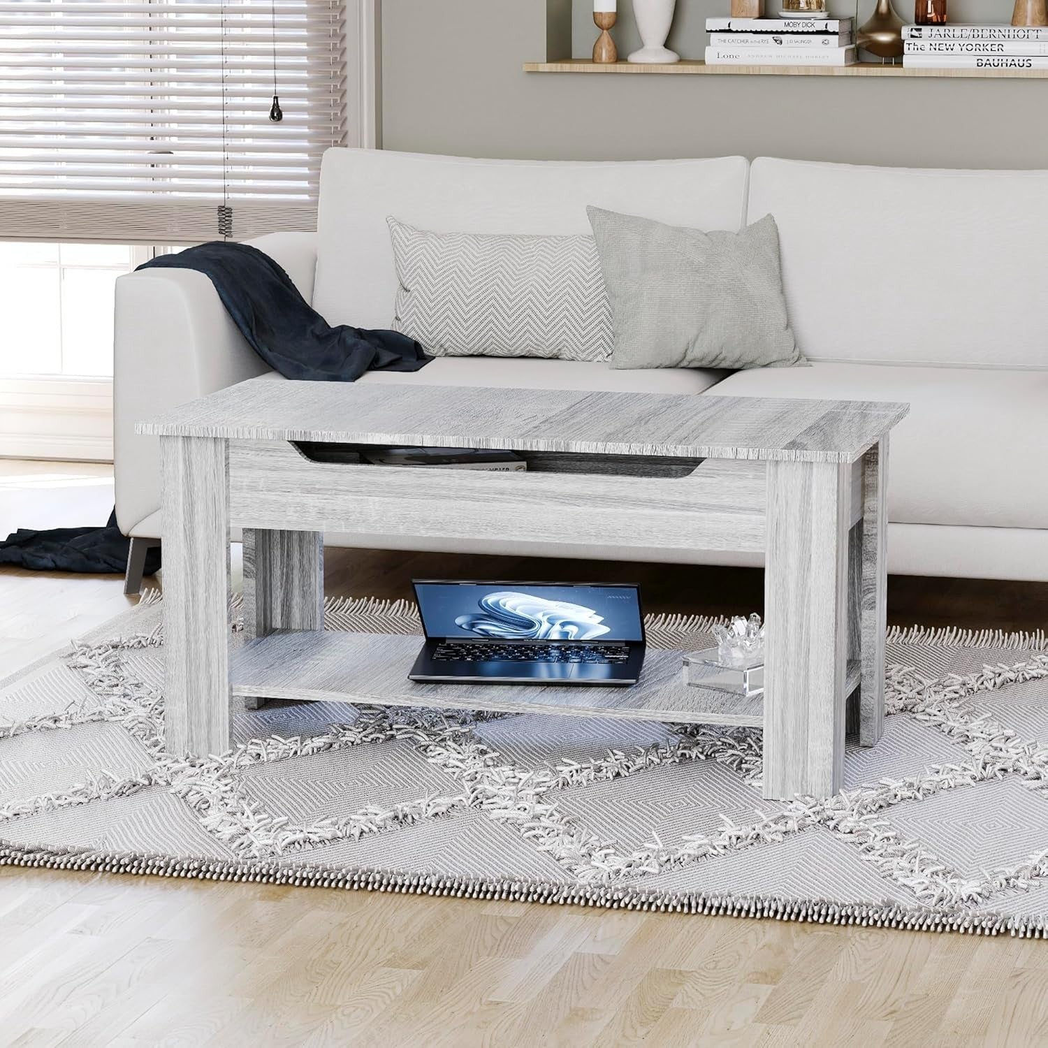 Lift Top Coffee Table with Hidden Storage & Shelf – Grey Wood – 100x48cm