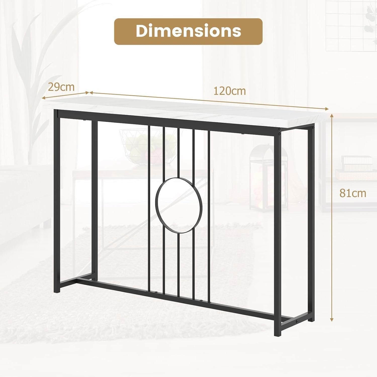 Slim Faux Marble Console Table with Gold Metal Frame, 120cm Wide, Anti-Tip