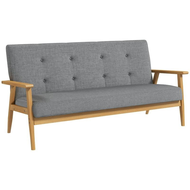 3 Seater Sofa Dark Grey Linen Tufted Couch with Wood Frame Lounge Seating