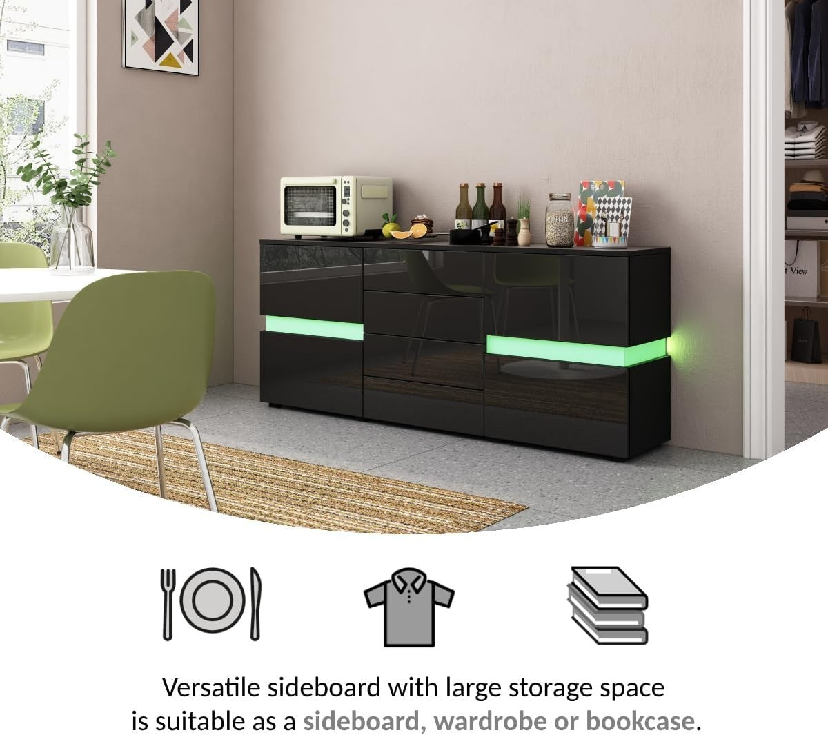 Black LED Sideboard Cabinet High Gloss 2 Door 4 Drawer Storage Unit