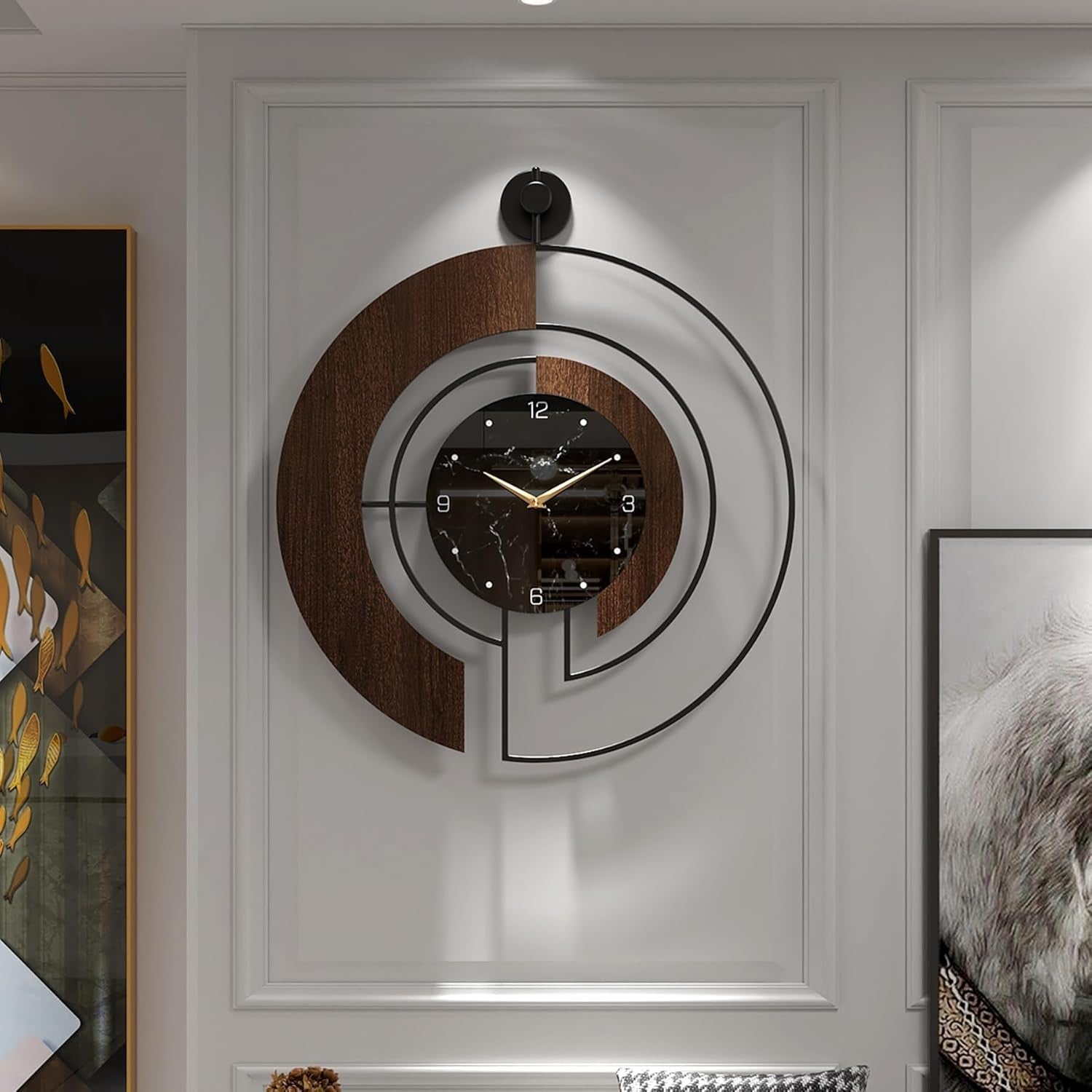 Modern Walnut Marble Dial Wall Clock with Wood & Metal Frame