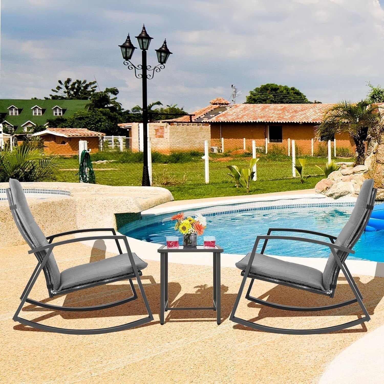 Patio Rocking Chair Bistro Set Cushioned Swing Seats Glass Side Table