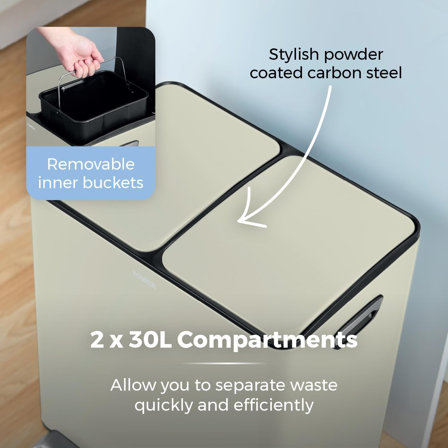 60L Recycling Pedal Bin 2x30L Dual Compartment Cream
