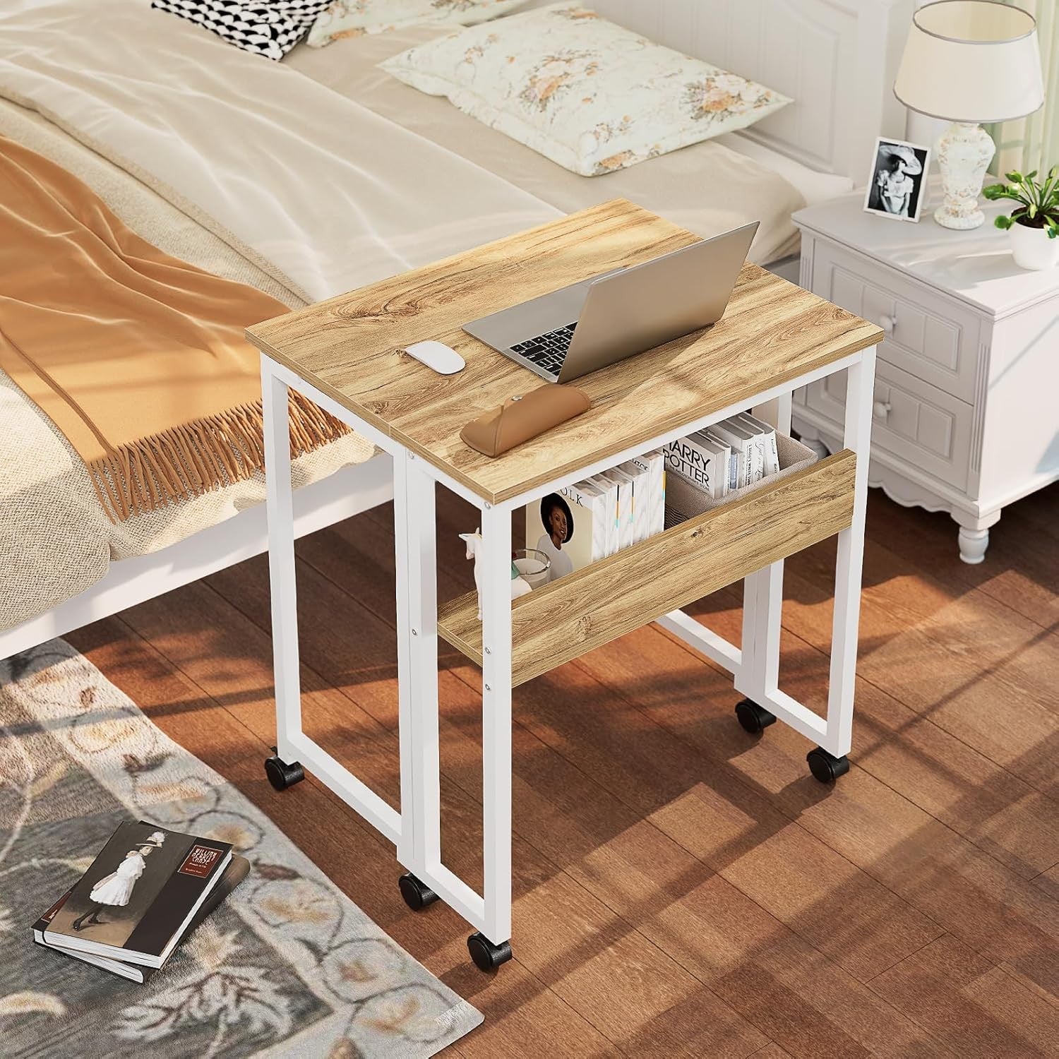 Small Folding Desk with Storage Shelf Rolling Computer Desk for Home Office