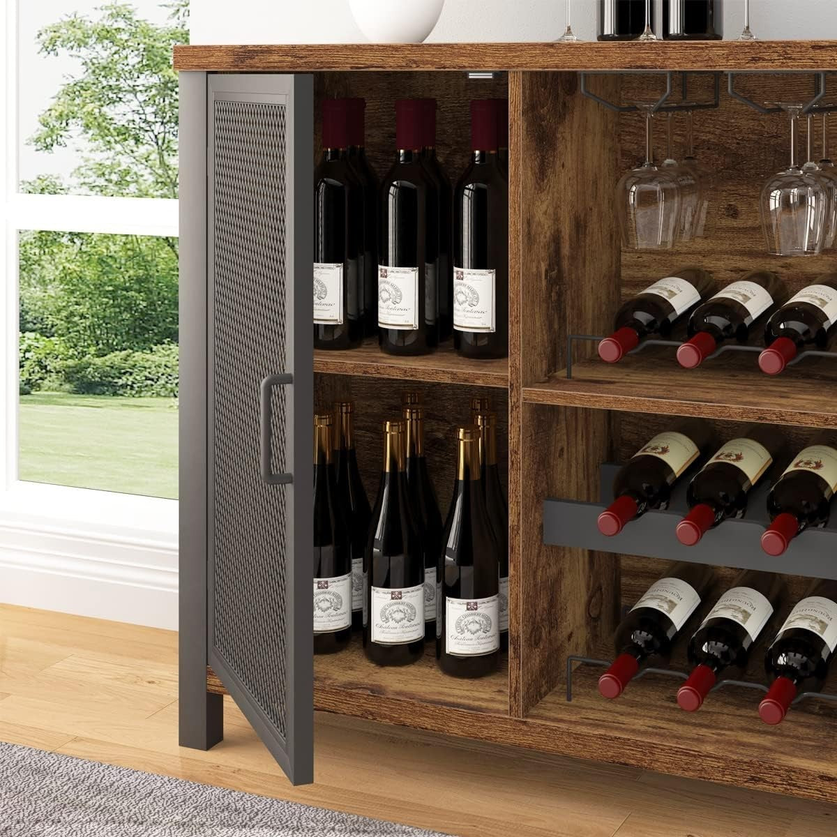 Rustic Farmhouse Wine Bar Cabinet Sideboard with Wine Rack & Glass Storage 140cm