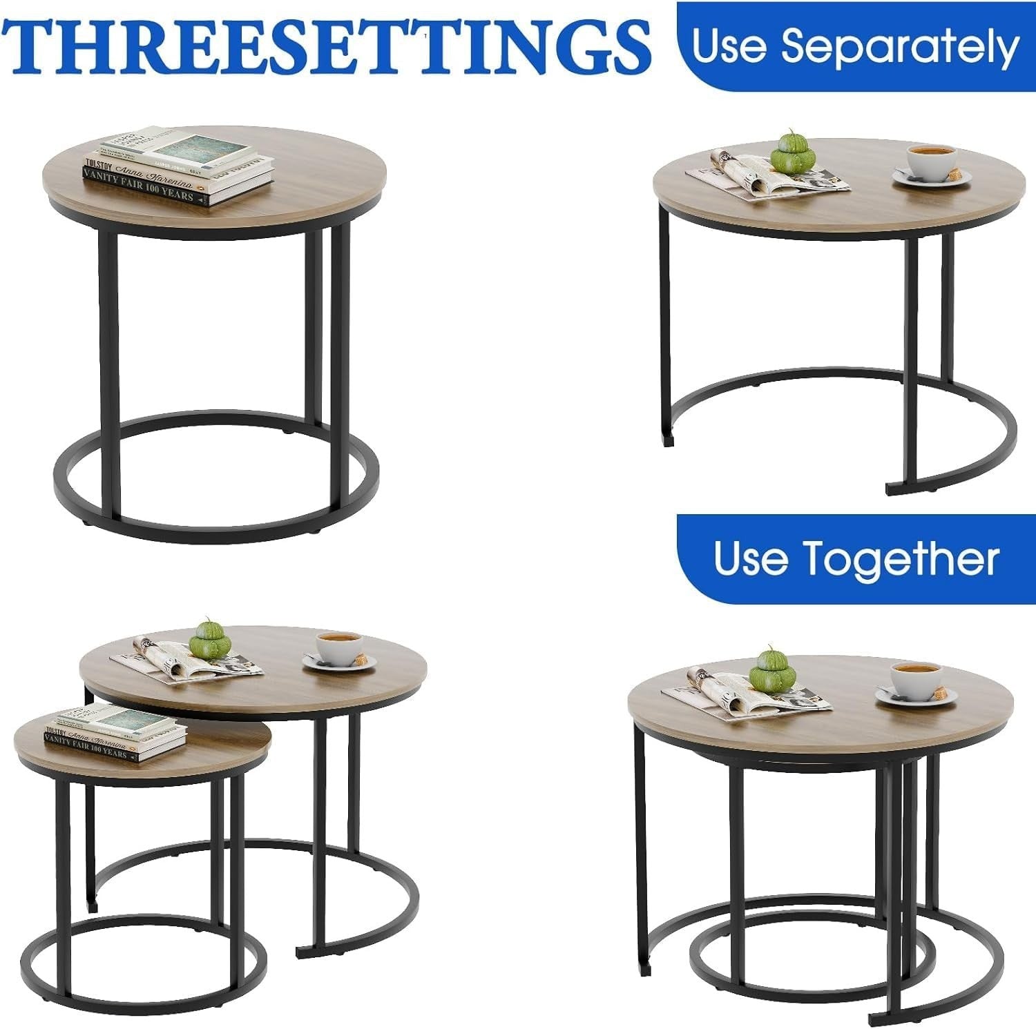 2-Piece Nesting Round Coffee Table Set with Oak Top & Black Metal Frame