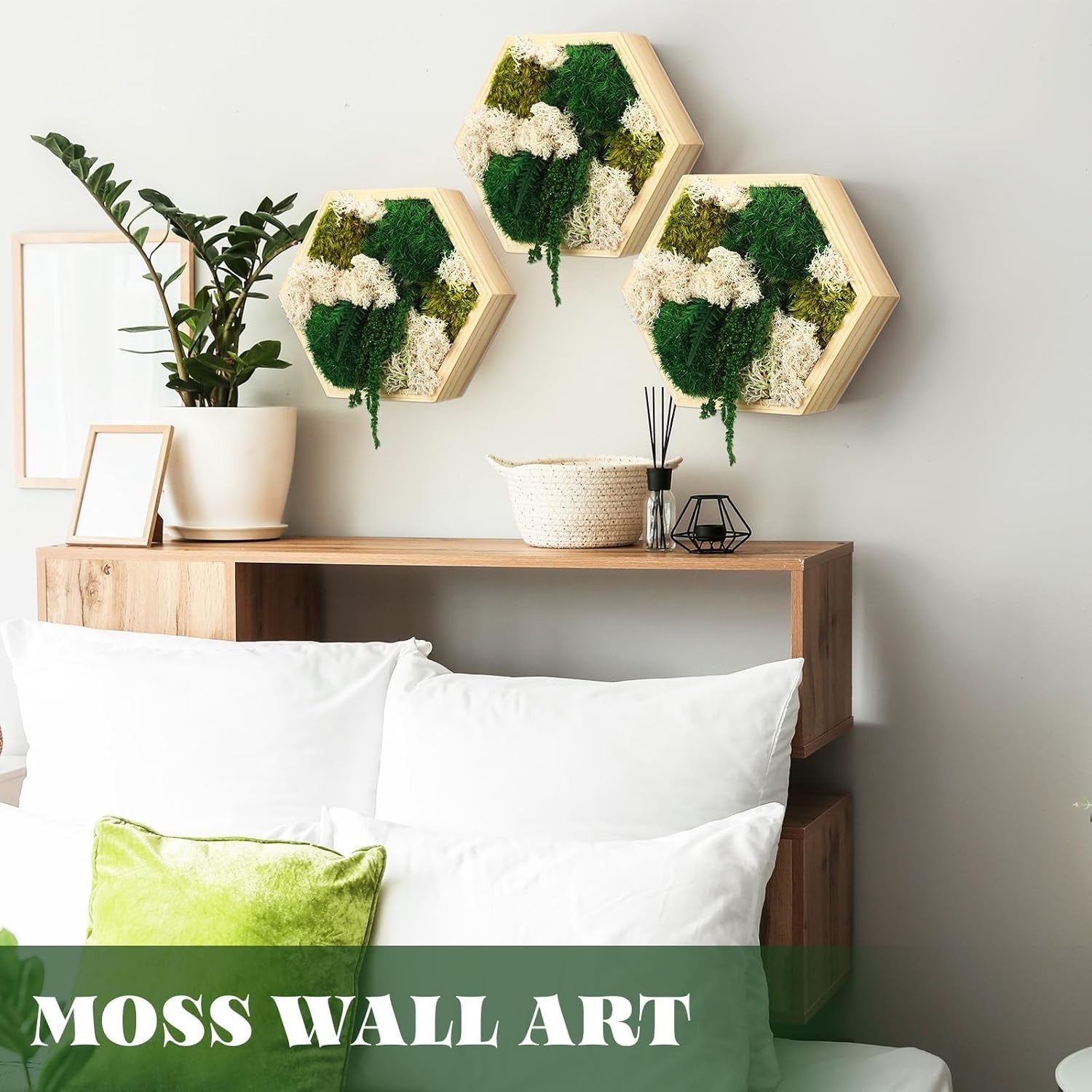 3Pc Moss Wall Art Hexagon Wood Frame Green Decor Hanging Set