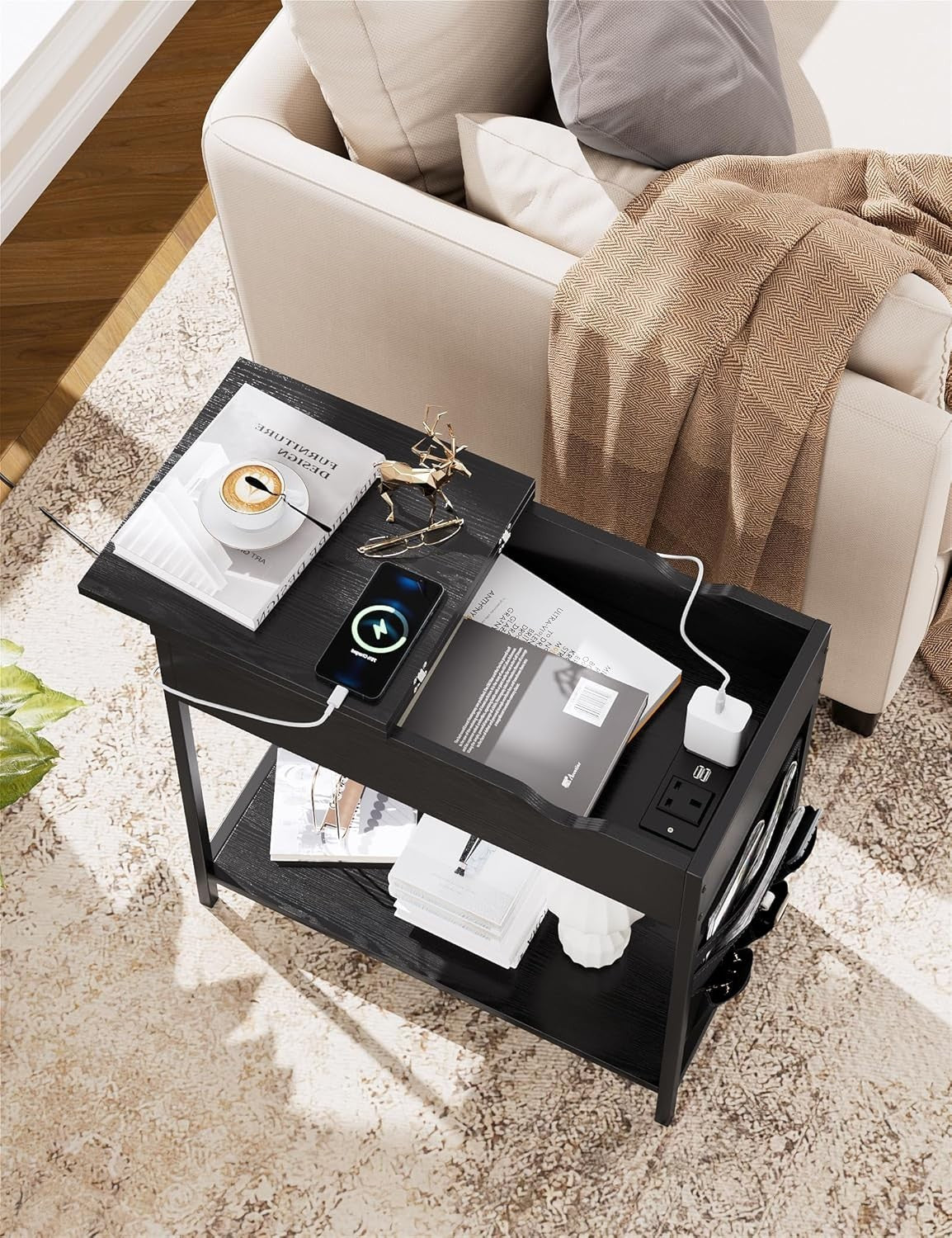 Black Narrow Side Table with USB Ports, Charging Shelf & Storage Bags
