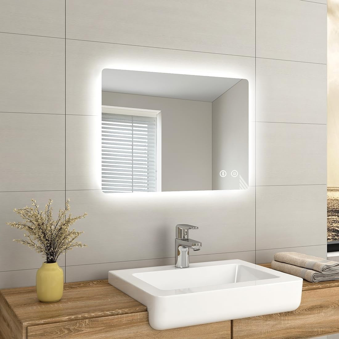 Bluetooth LED Bathroom Mirror with Anti-Fog, Speaker & Shaver Socket 50x70cm