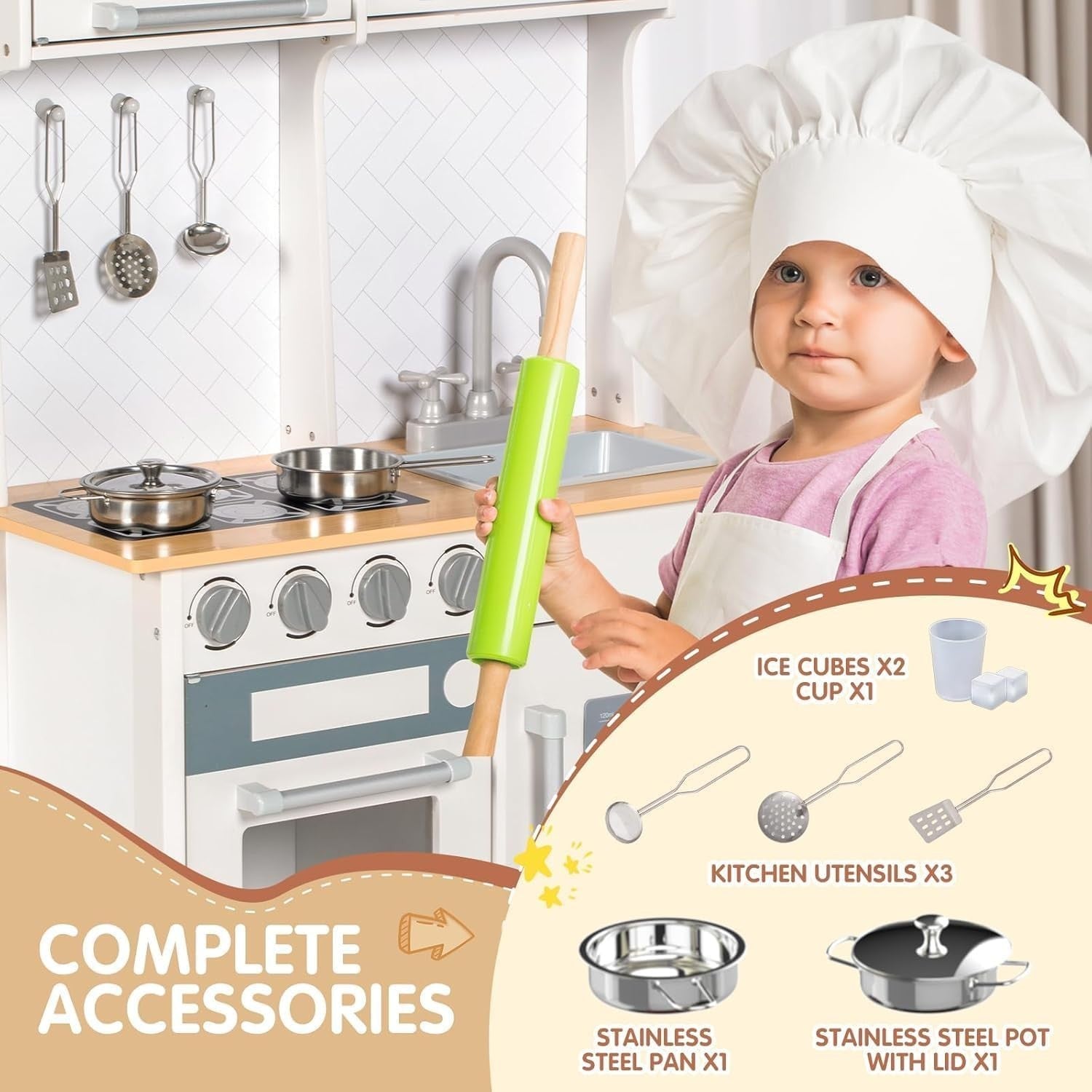 Wooden Kids Play Kitchen Set Sink Stove Oven Accessories White Toy