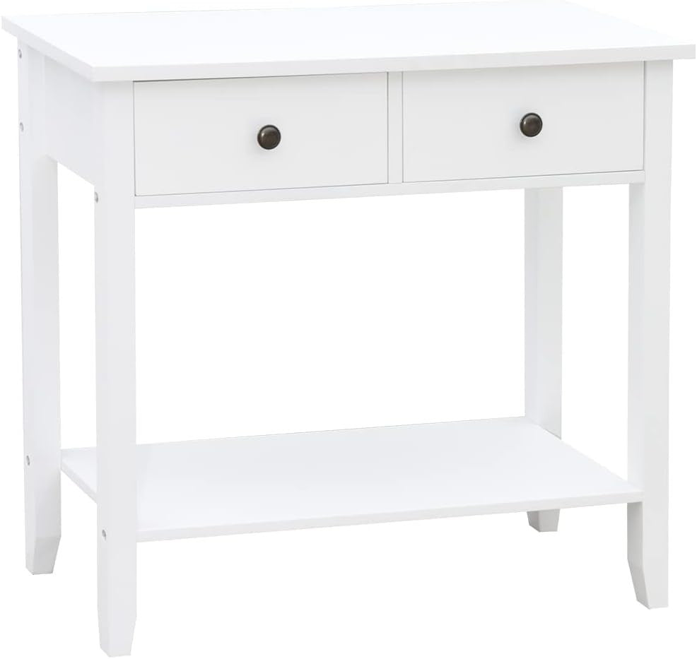White Console Table with 2 Drawers & Undershelf – Sturdy Hallway Storage