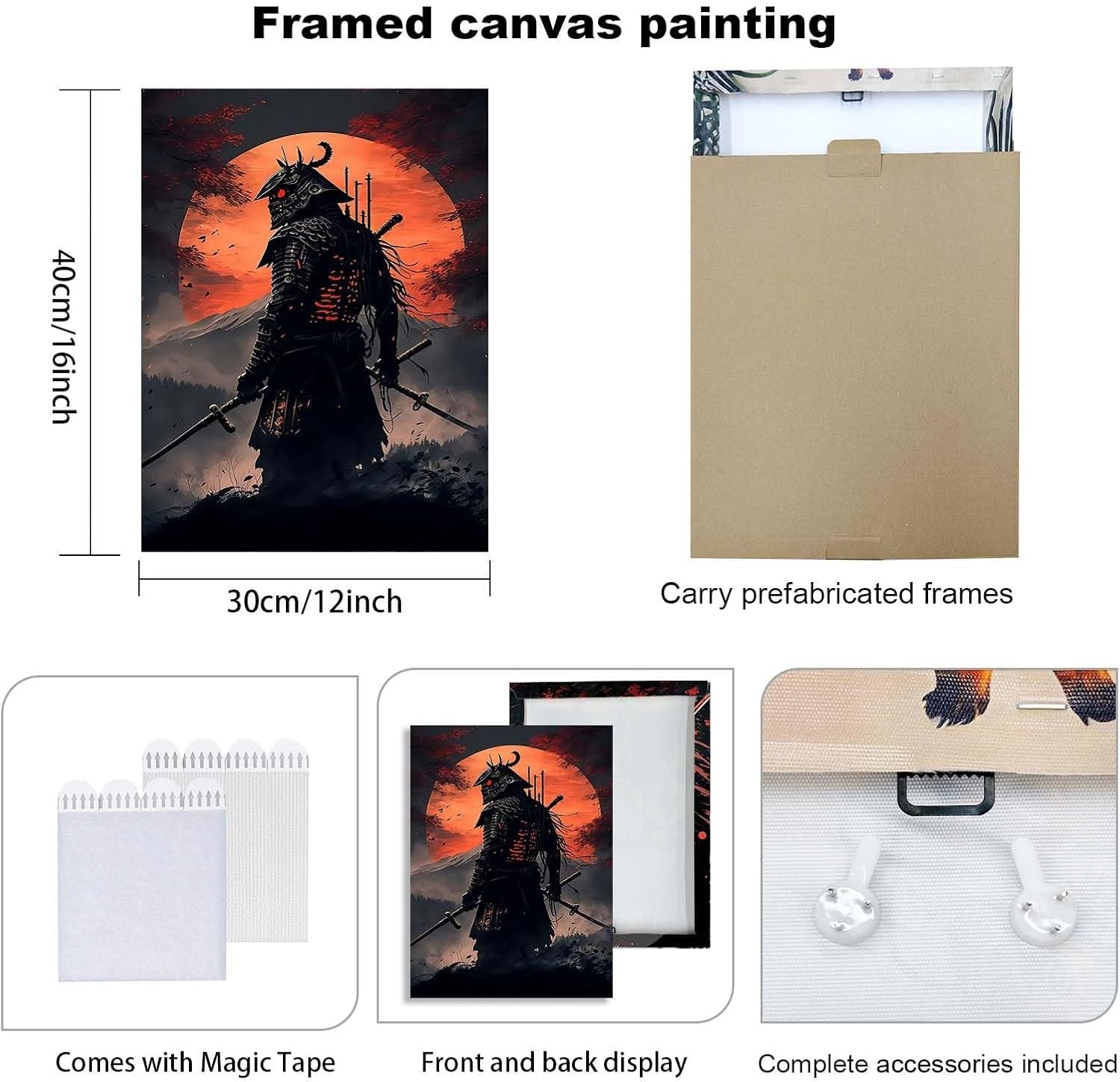 Set of 3 Samurai Warrior Canvas Wall Art 12x16 Framed Japanese Decor
