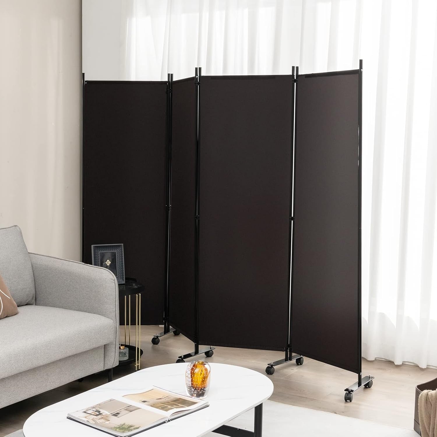 4-Panel Brown Folding Room Divider 224x30x172cm Privacy Screen Partition