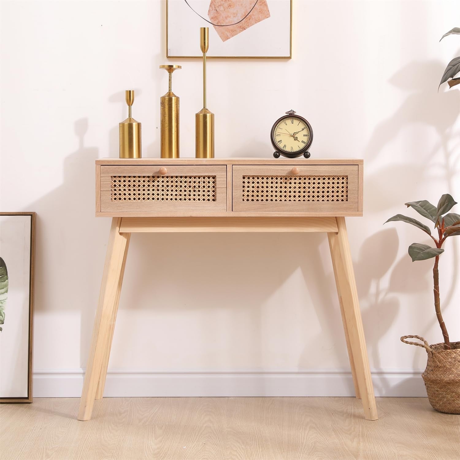 Stylish 2-Drawer Rattan Console Table 90cm Wide for Hallway & Bedroom